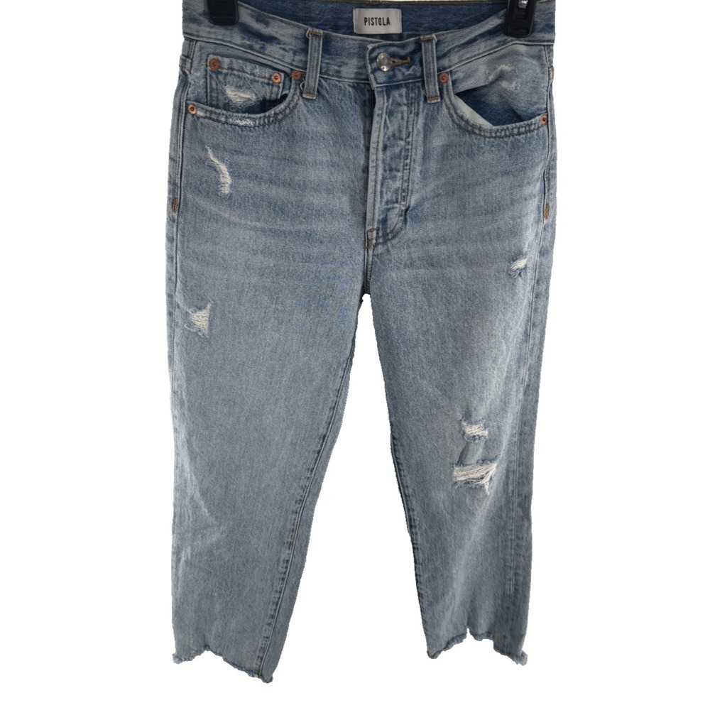 Pistola High Rise Distressed Straight Leg Jeans Light Wash‎ Button Fly Size 27